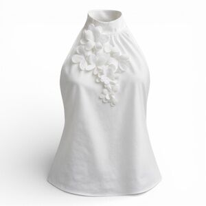 WHBM 3D Floral Appliqué Halter Top White NWT Size M Statement Blouse